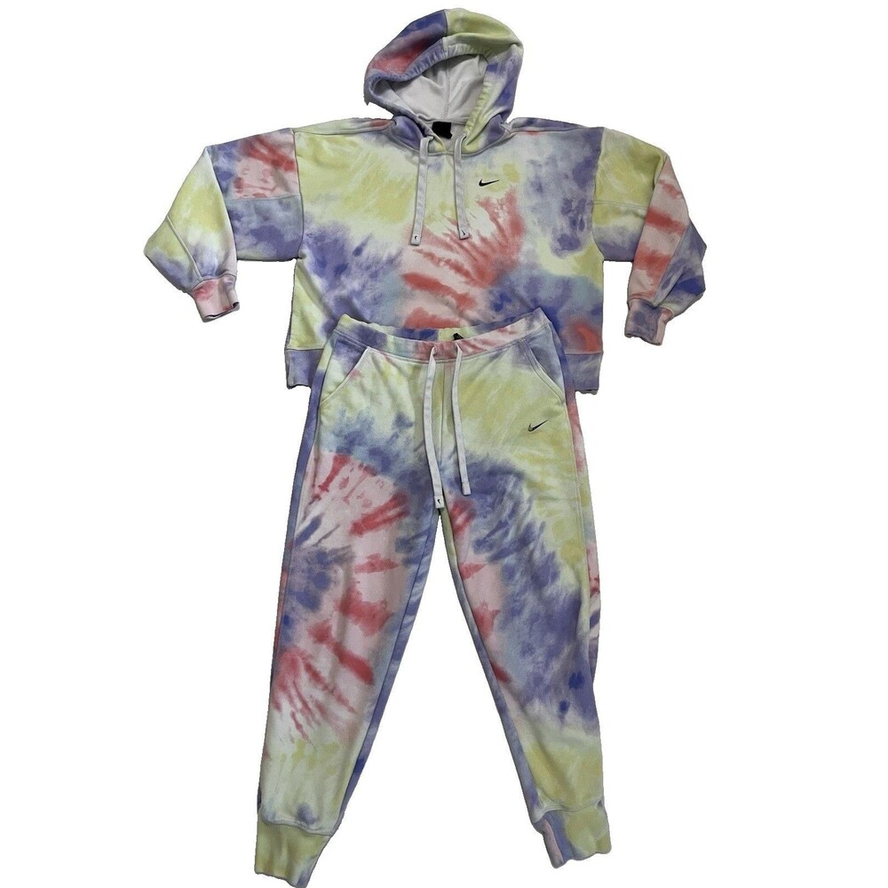 Nike Womens Get Fit Tie Dye Fleece Tracksuit Set Cropped Hoodie Joggers Pants S
